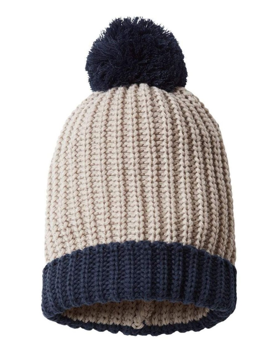 Nayked Apparel Soft Chunky Knit Two-Tone Hat With Pom Pom And Solid Color Beanie With Pom Pom And Cuff